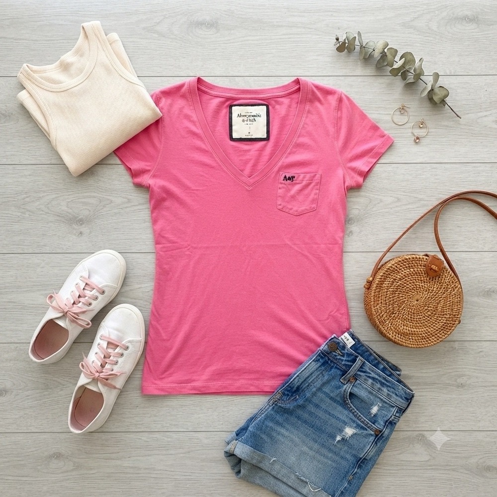 Abercrombie & Fitch Y2K Womens Pink V-Neck Short Sleeve Pocket T-Shirt Size M